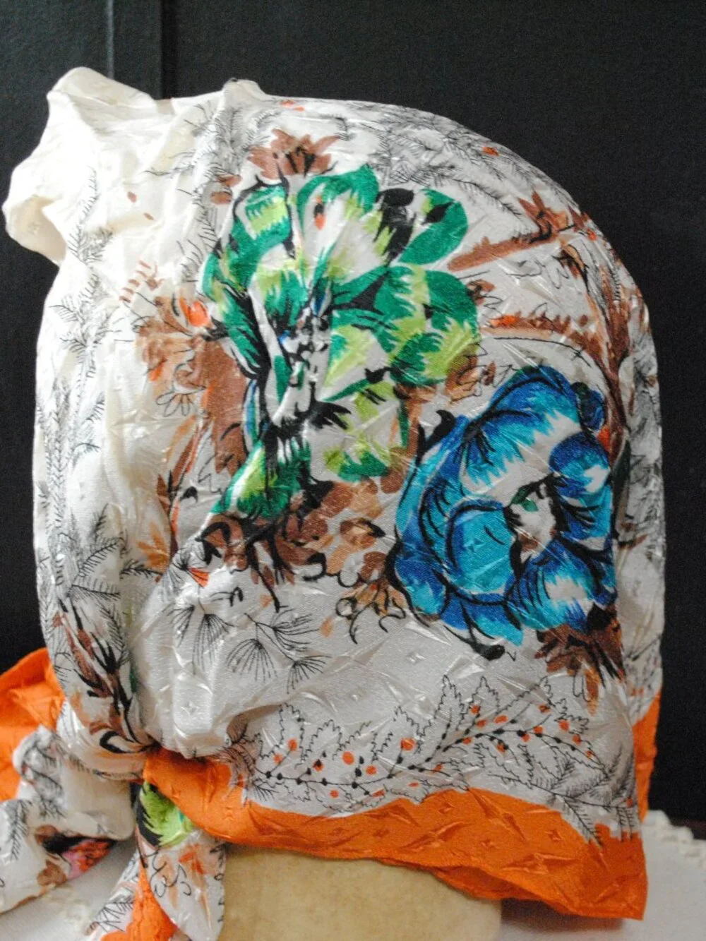 Vintage Large Floral 1950s Scarf made in Japan with Orange Border
